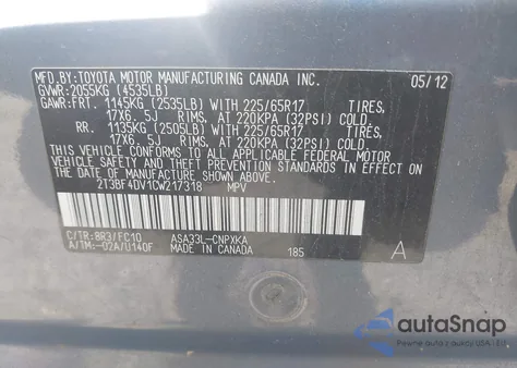 2012 Toyota Rav4 из США, поврежденный, VIN 2T3BF4DV1CW217318